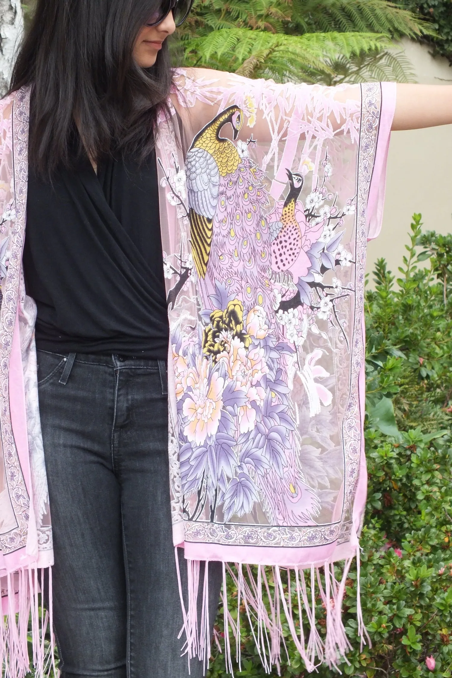 Pink Floral Peacock Print Burnout Fabric Kimono