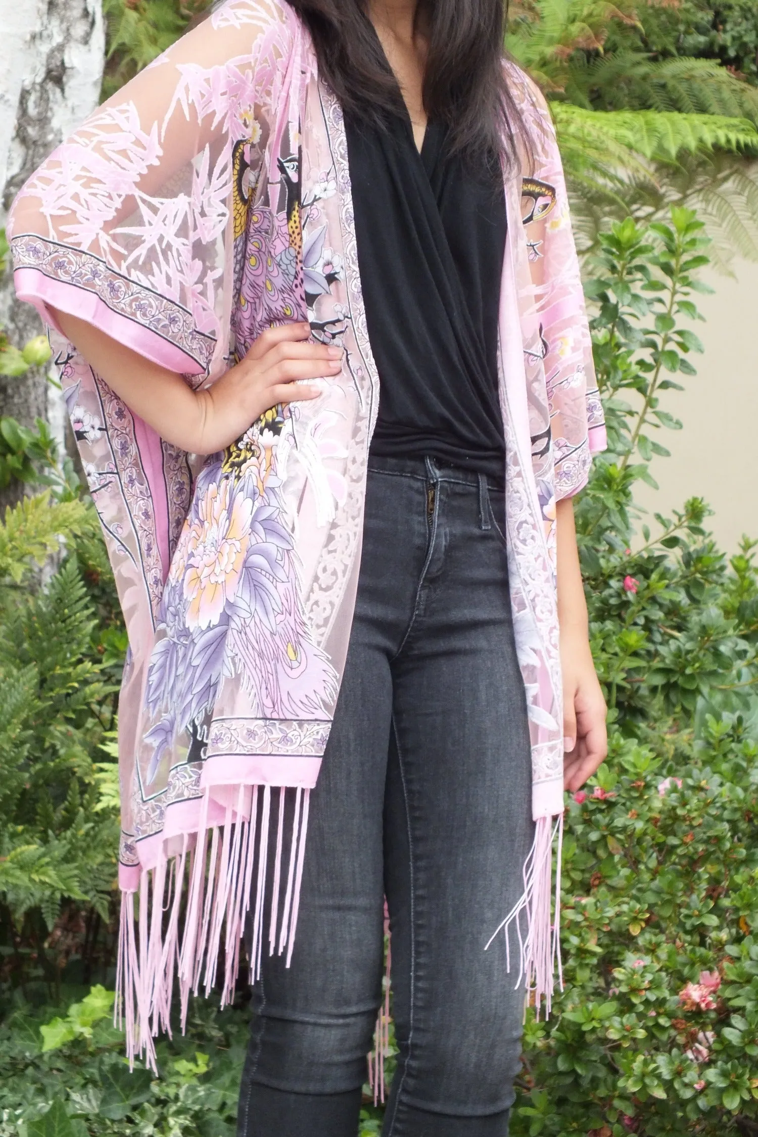 Pink Floral Peacock Print Burnout Fabric Kimono