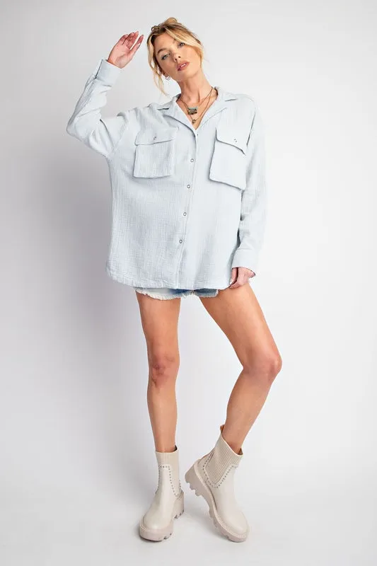 Plus Easel Cotton Gauze Snap Cargo Shirt - Powder Blue