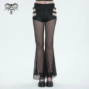 PT209 Faux leather and mesh spliced side bandage flared pants