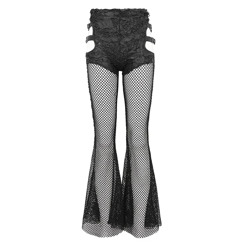 PT209 Faux leather and mesh spliced side bandage flared pants