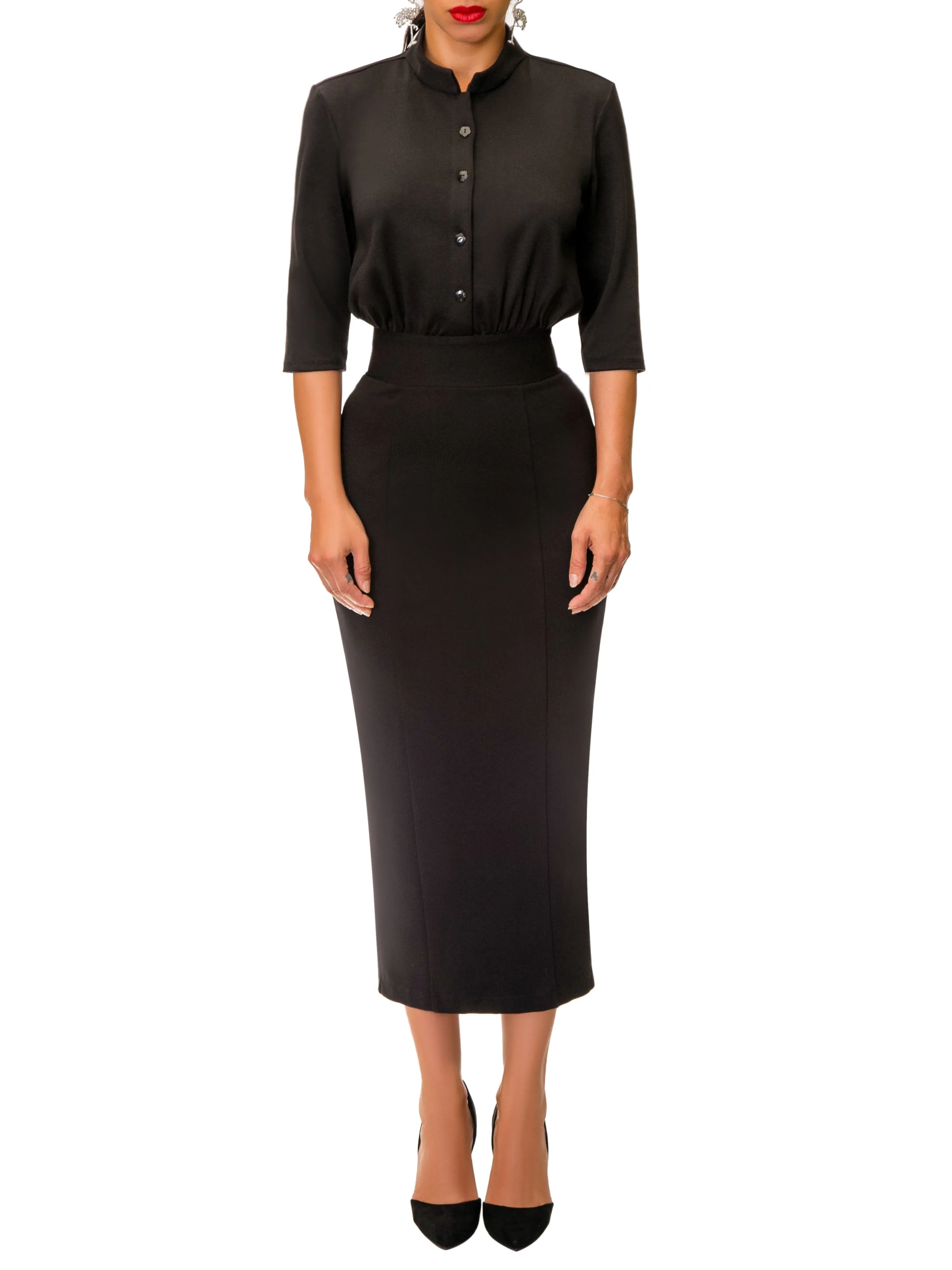 "Dolly" Black Button-Down Pencil Dress