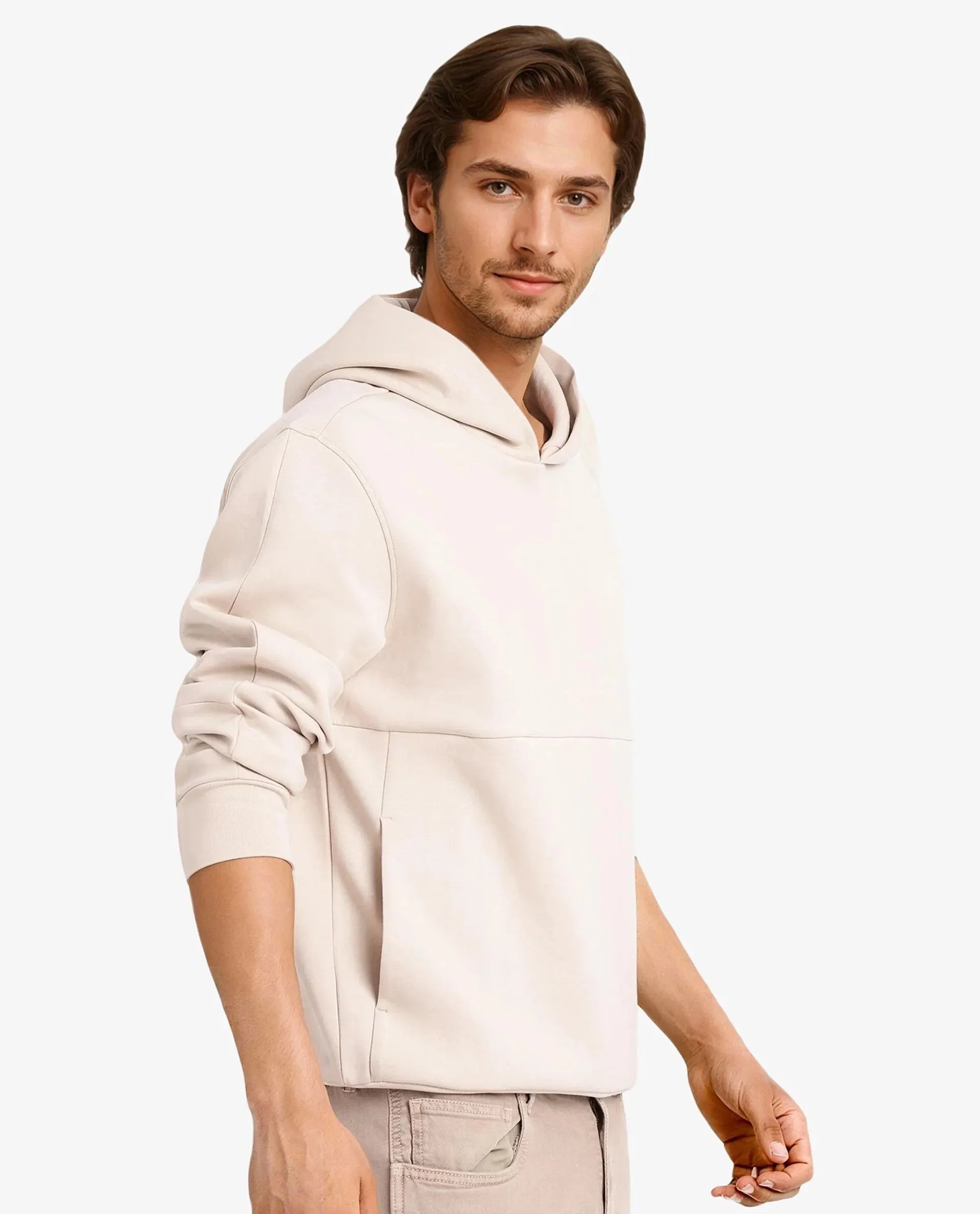 Rare Rabbit Men Scon Light Beige Full Sleeve Hooded Slim Fit Plain Sweatshirt