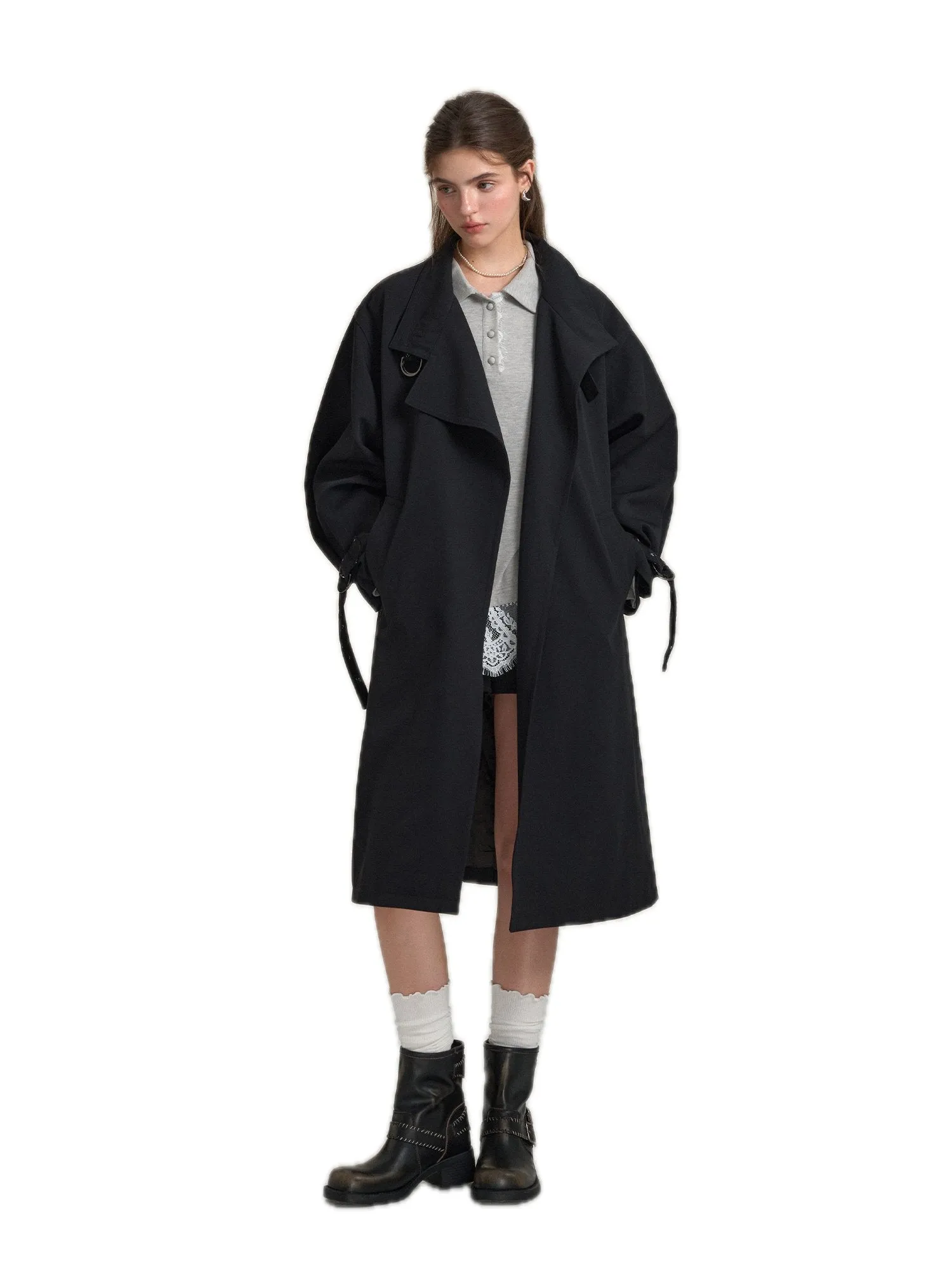 Retro Casual Silhouette Trench Coat In Black