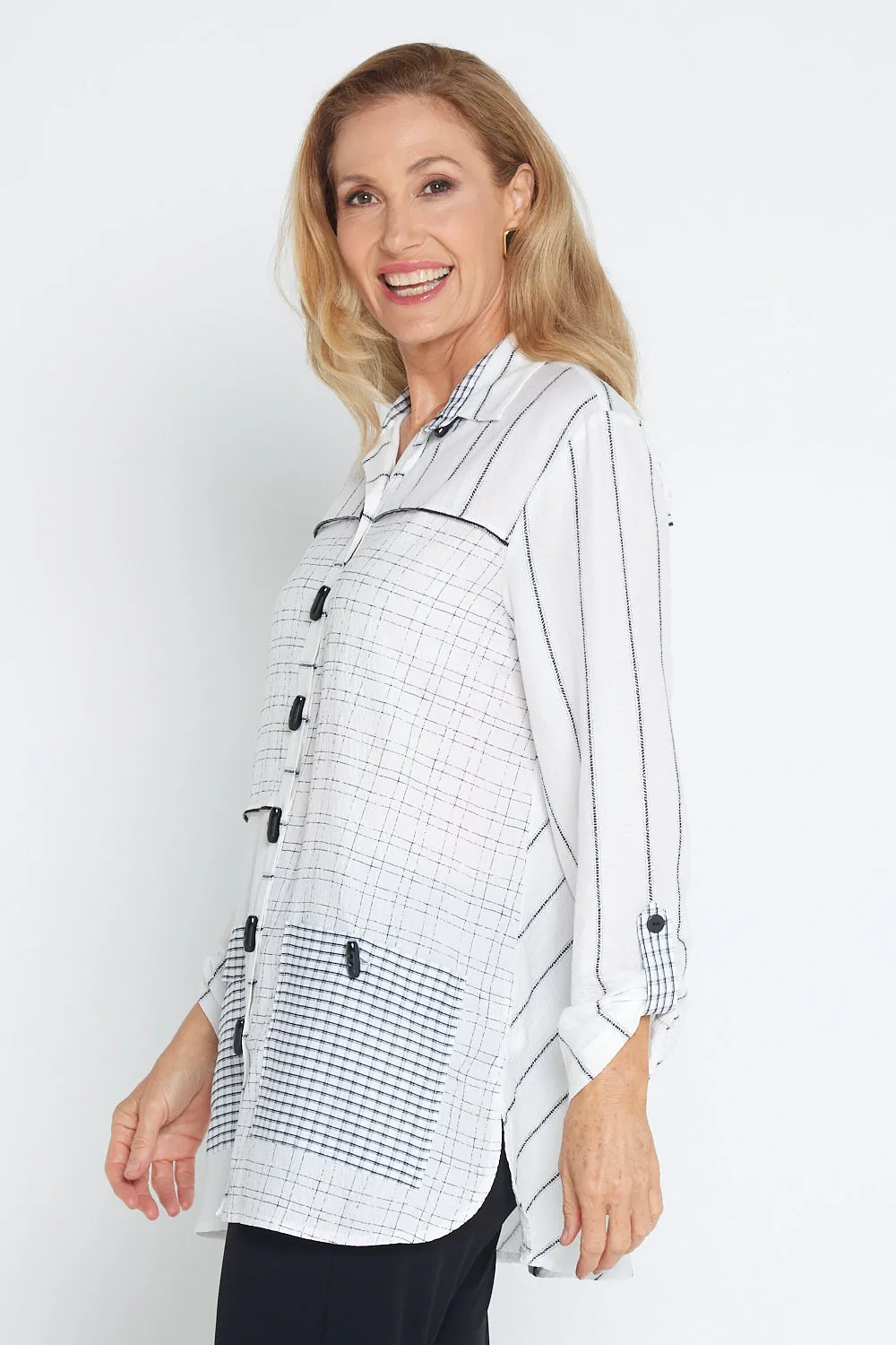 Sarah Splice Shirt - White/Cross Hatch