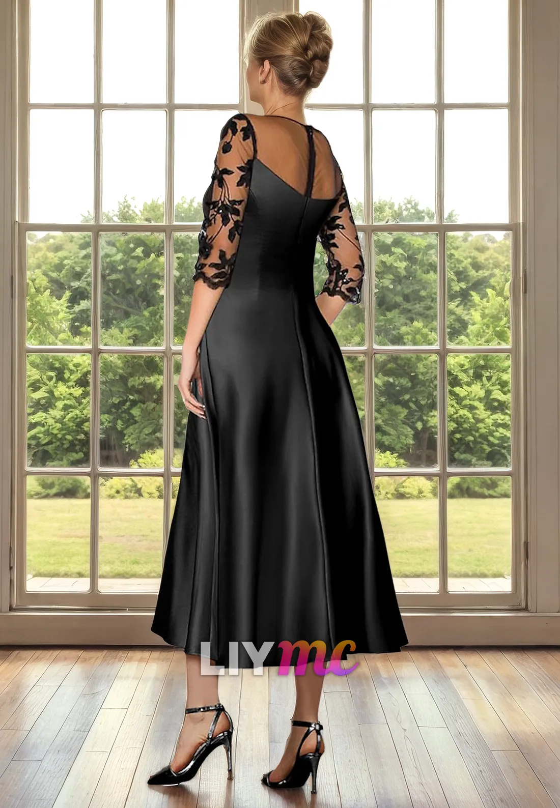 Scoop Long Sleeves Appliques Pleated A-Line Mother of Bride Dress Cocktail Dress