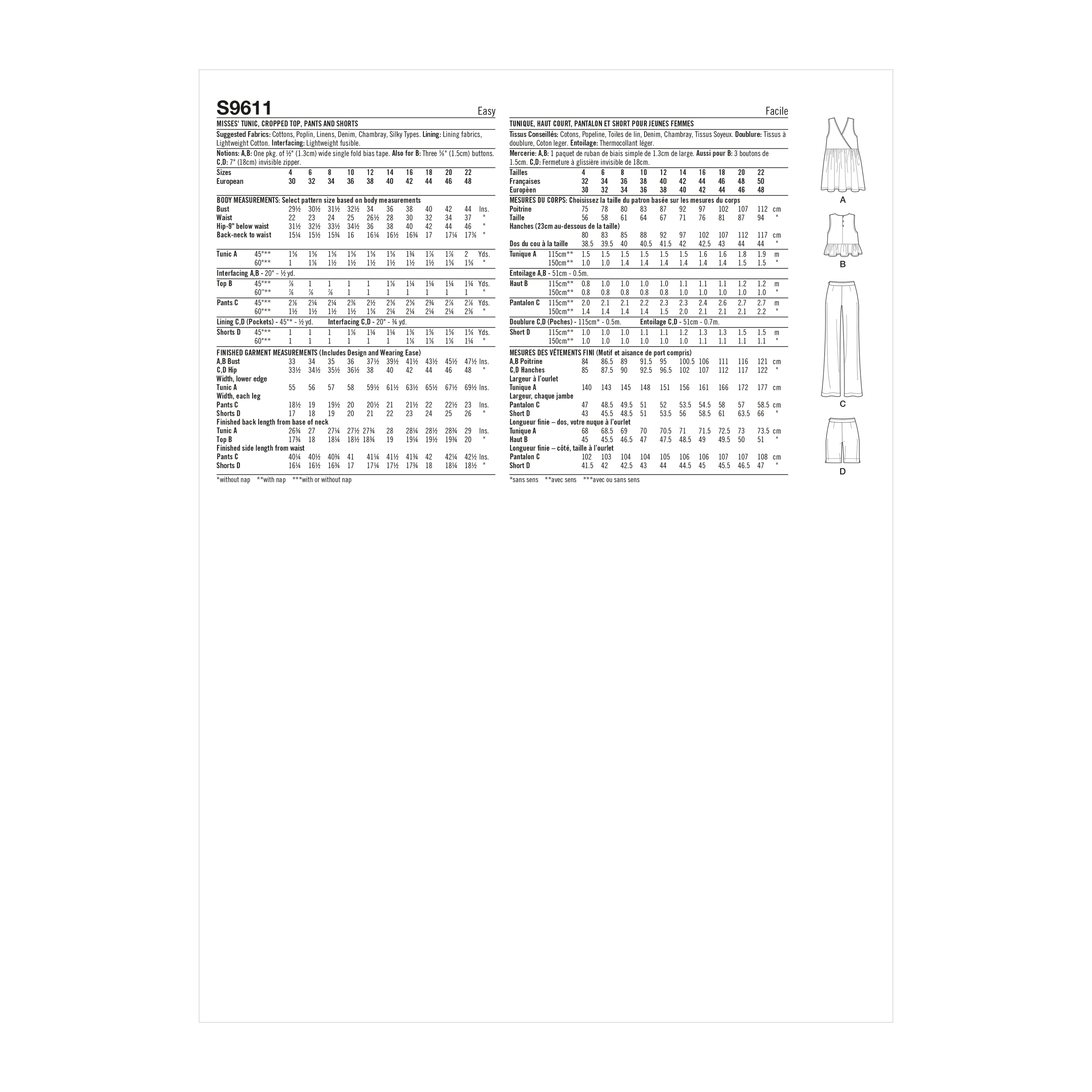 Simplicity Pattern SS9611 Misses' Tunic, Cropped Top, Pants and Shorts