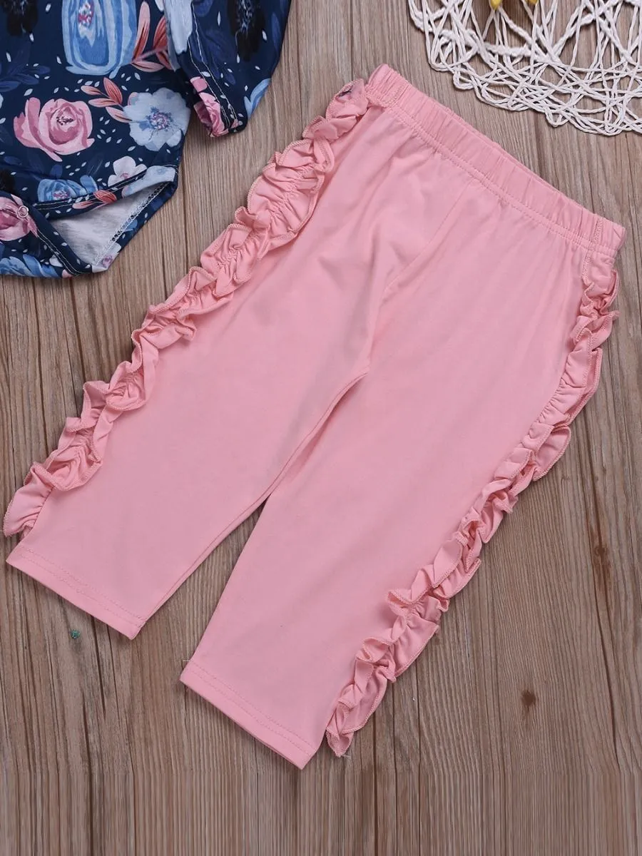 Spring Casual Outing Clothes Set Flutter Sleeve Floral Jumpsuit  Ruffle Pink Trousers