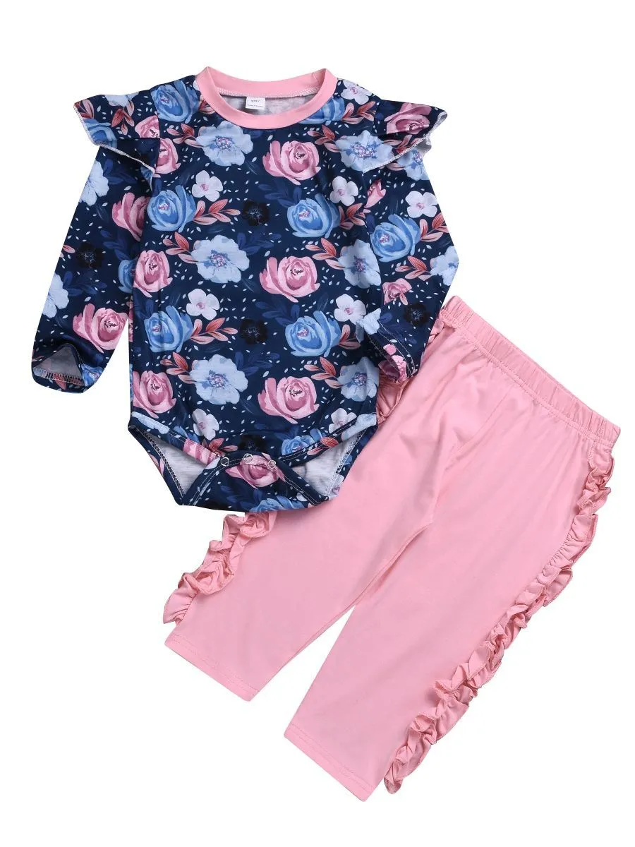 Spring Casual Outing Clothes Set Flutter Sleeve Floral Jumpsuit  Ruffle Pink Trousers