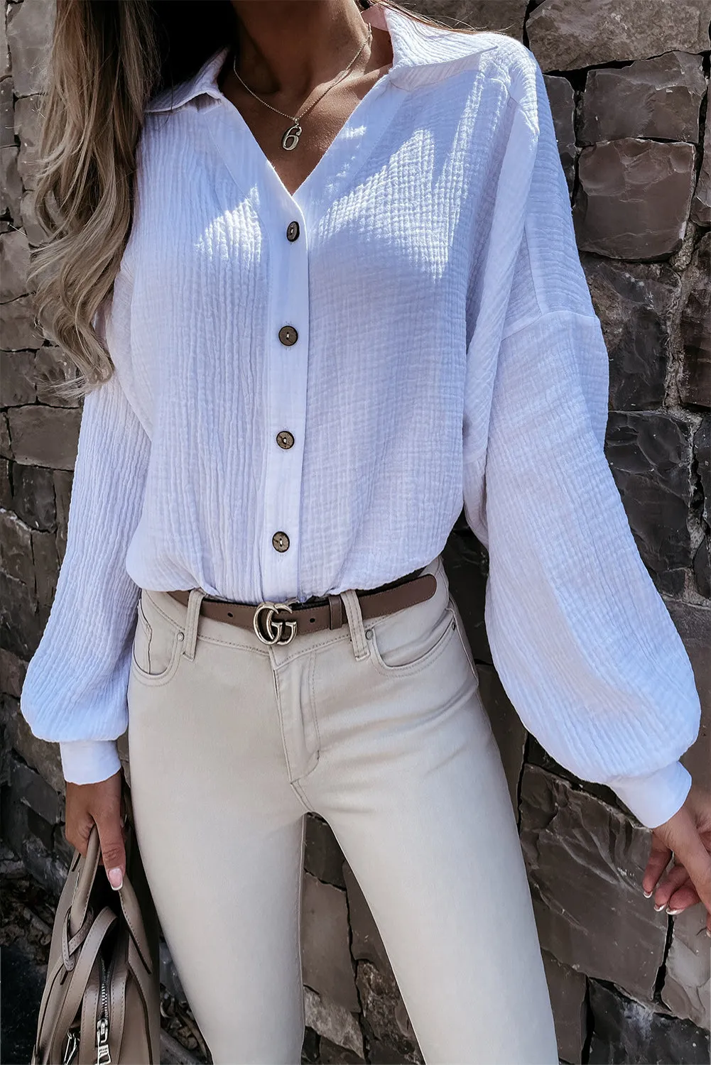 Stand Collar Button Down Crinkled Shirt