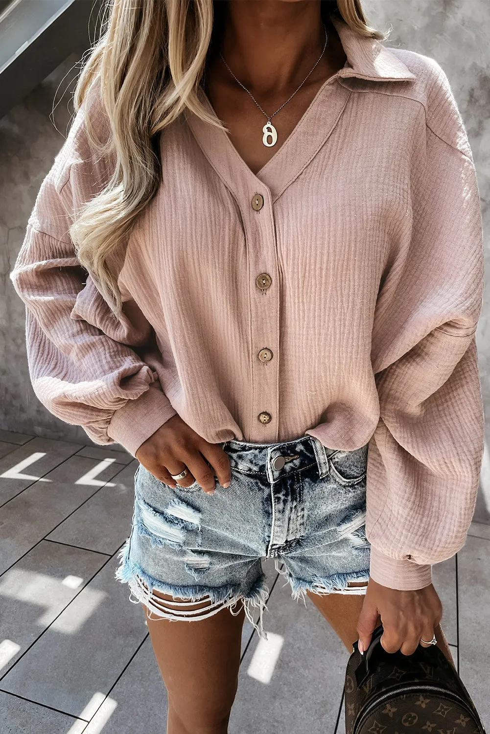 Stand Collar Button Down Crinkled Shirt