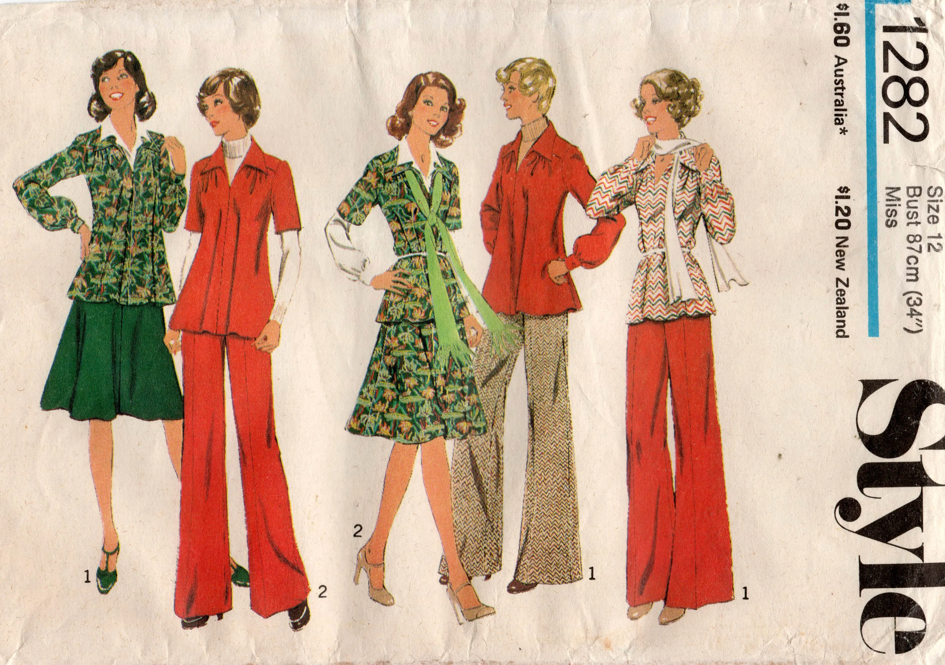 Style 1282 Womens Wide Collar Top Flared Skirt & Wide Leg Pants 1970s Vintage Sewing Pattern Size 12 Bust 34 inches