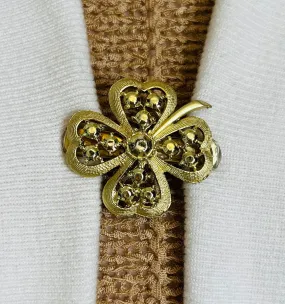 Sweater Clips Vintage Four Leaf Clover Sweater Clip Gold Cardigan Clasp Rhinestones Jewelry Gift for Mom Gifts for Her by Fabulici