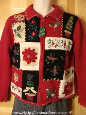 Tacky Christmas Sweater Party Ugly Sweater with Crafty Patchwork Design with Tree, Ivy, and Poinsettias (f976)