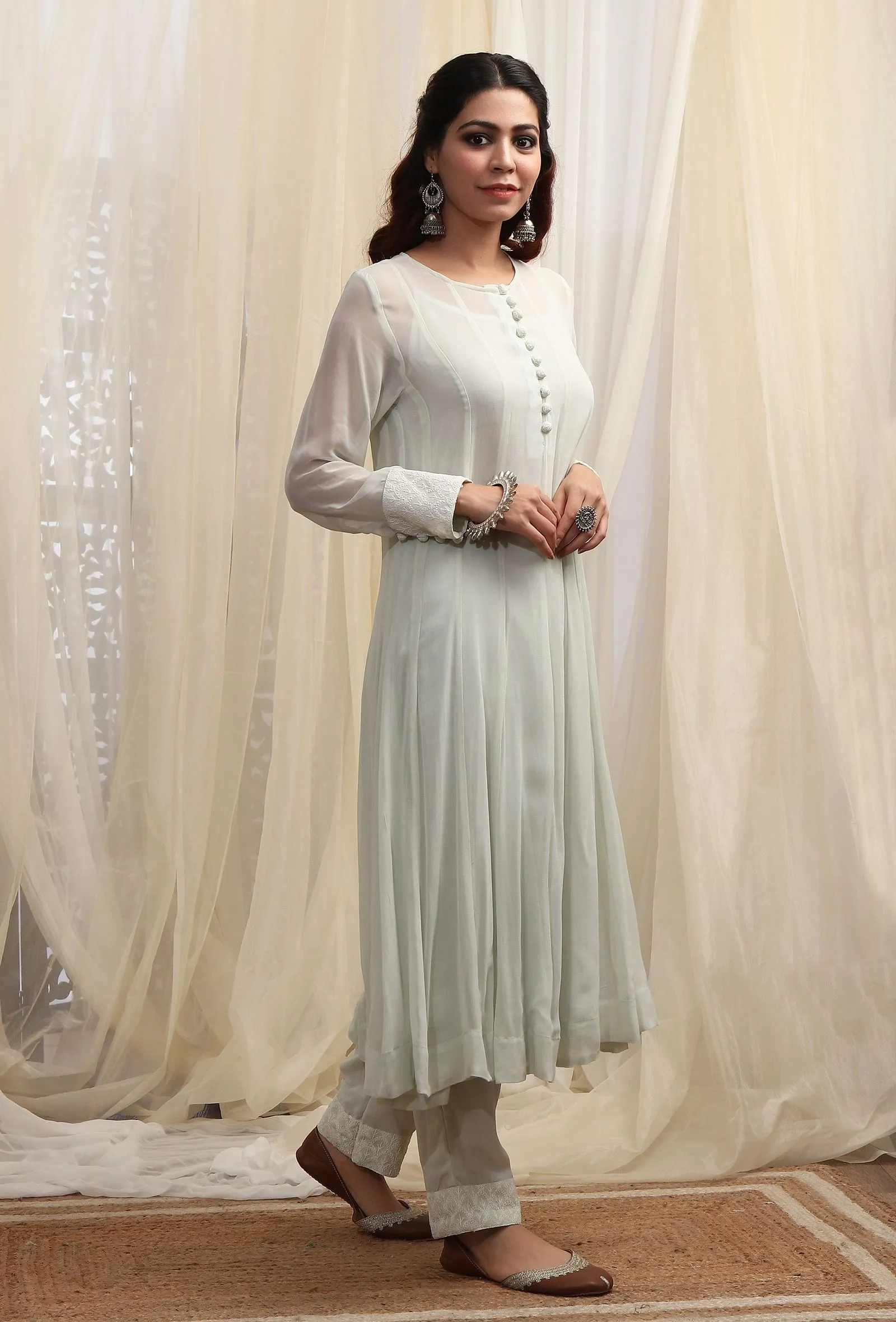 Tea Green Flared Kurta With Sequin Embroidery