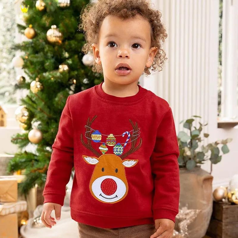 Toddler/Kid Christmas Deer Embroidery Red Sweatshirt