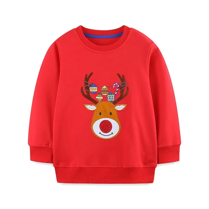 Toddler/Kid Christmas Deer Embroidery Red Sweatshirt