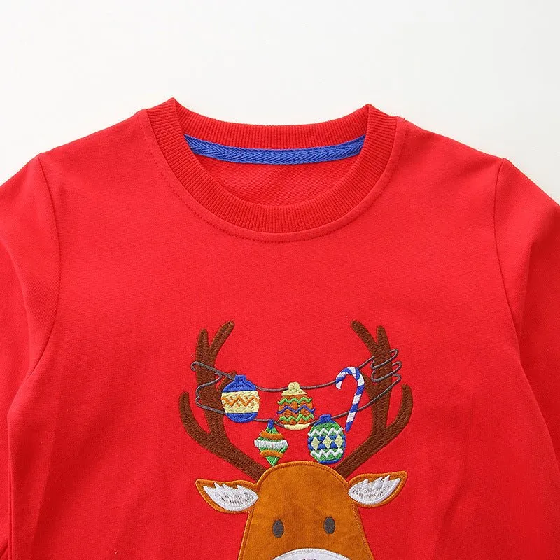 Toddler/Kid Christmas Deer Embroidery Red Sweatshirt