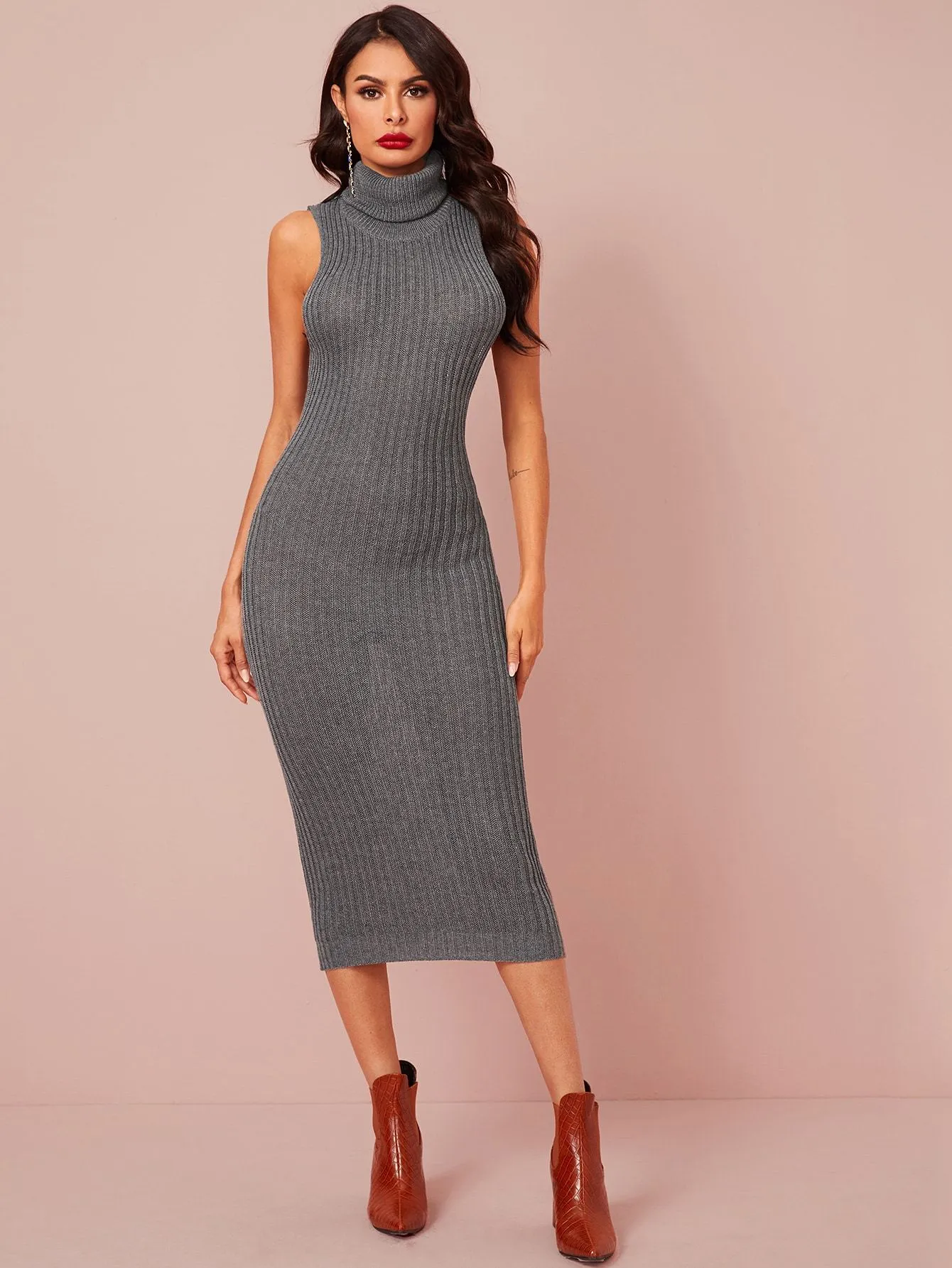 Turtle Neck Ribbed Knit Jumper Dress