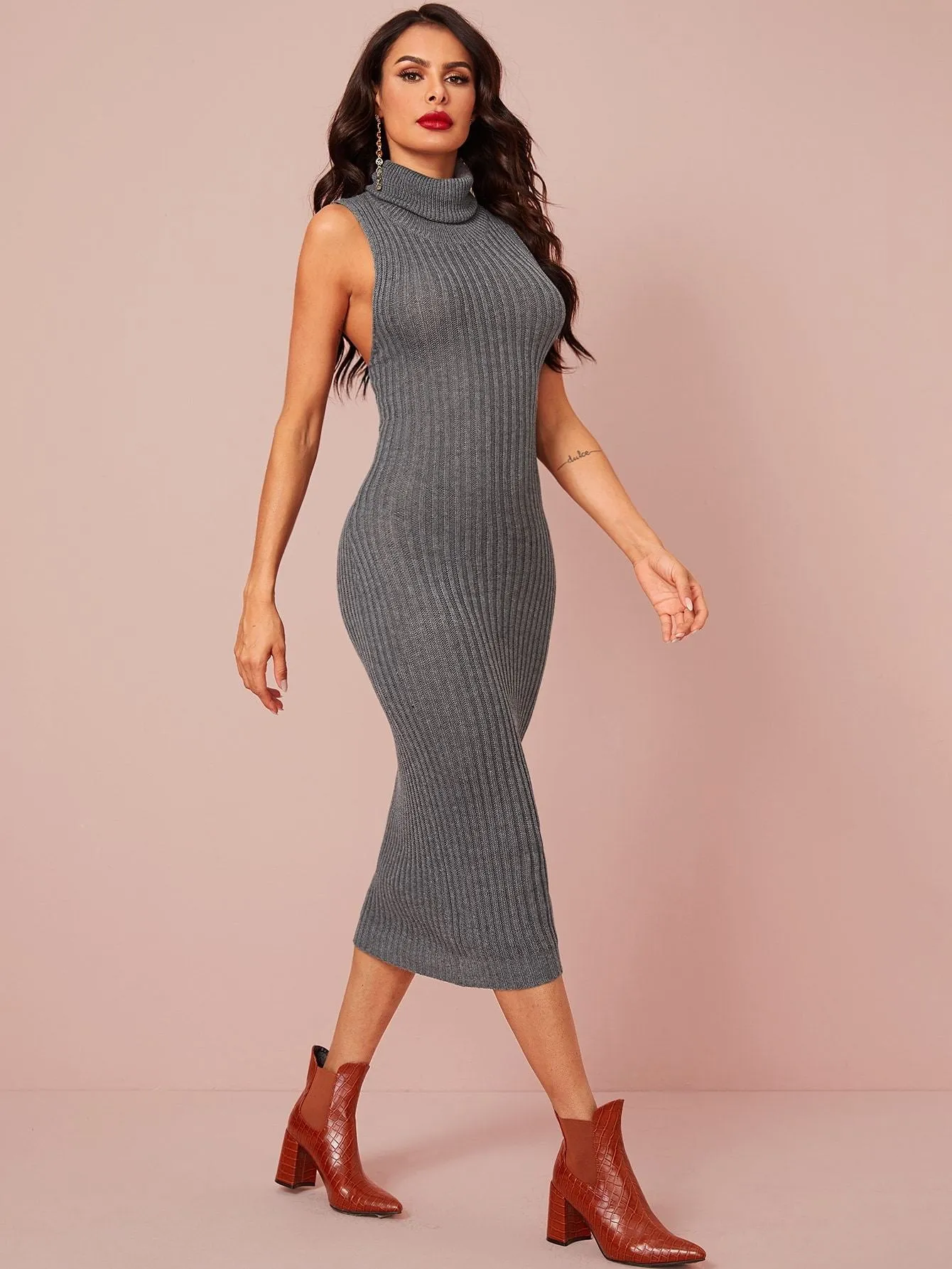 Turtle Neck Ribbed Knit Jumper Dress