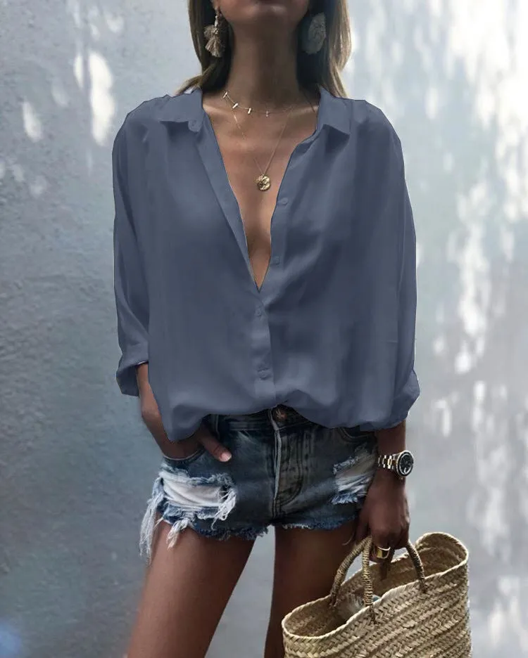 V-neck button chiffon shirt