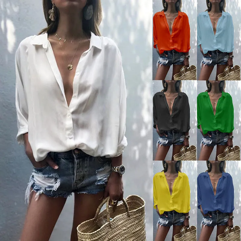 V-neck button chiffon shirt