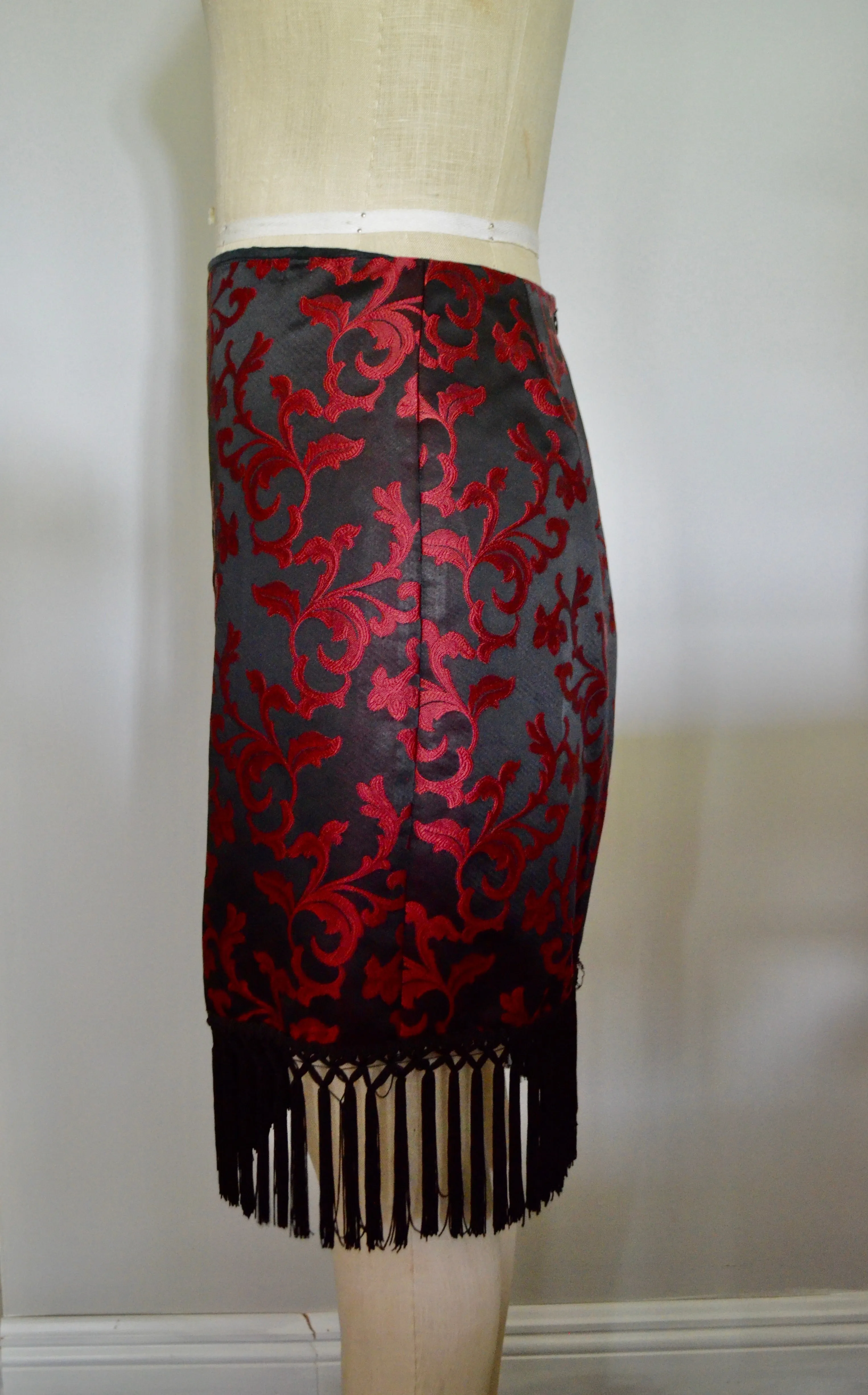 Vintage Burgundy Brocade Fringe Skirt