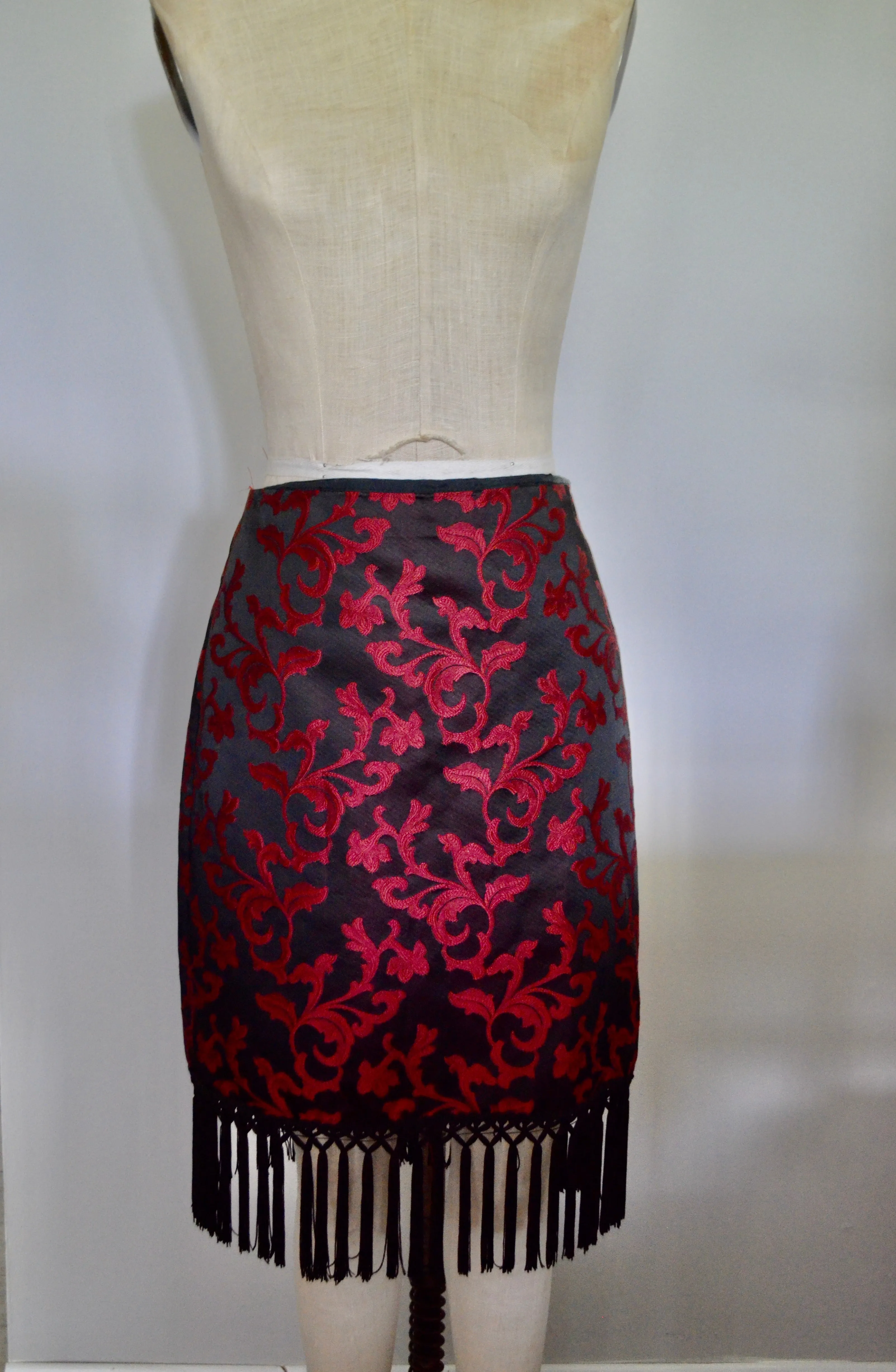 Vintage Burgundy Brocade Fringe Skirt