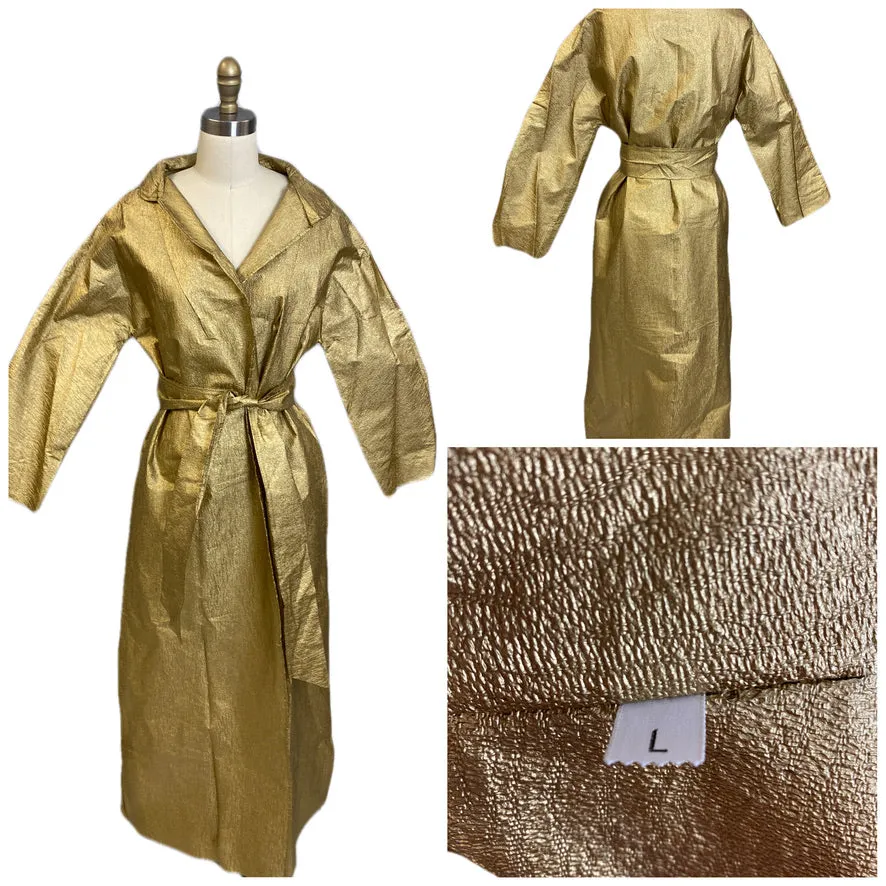 Vintage Metallic Gold Textured Mod Paper Trench Coat Wrap Never worn 1970s L