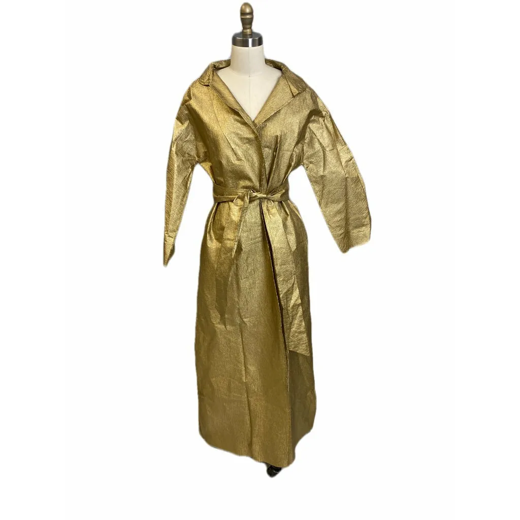 Vintage Metallic Gold Textured Mod Paper Trench Coat Wrap Never worn 1970s L