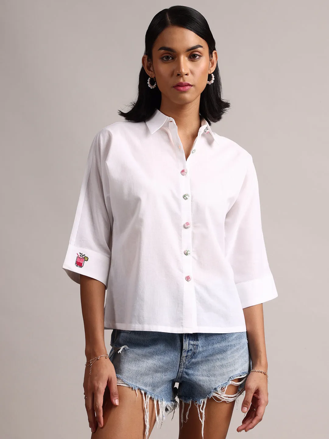 White Cotton Solid Shirt Style Top