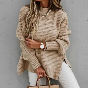 Women long sleeve pullover chunky knit slit-hem sweater