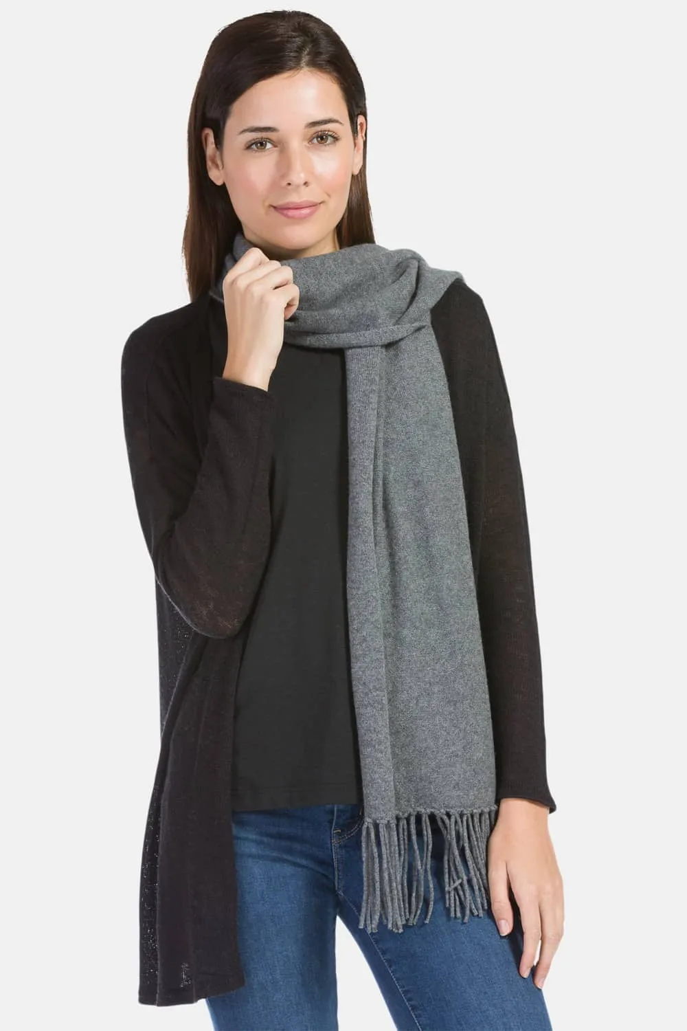 Women's 100% Pure Cashmere Knit Scarf with Fringe and Gift Box