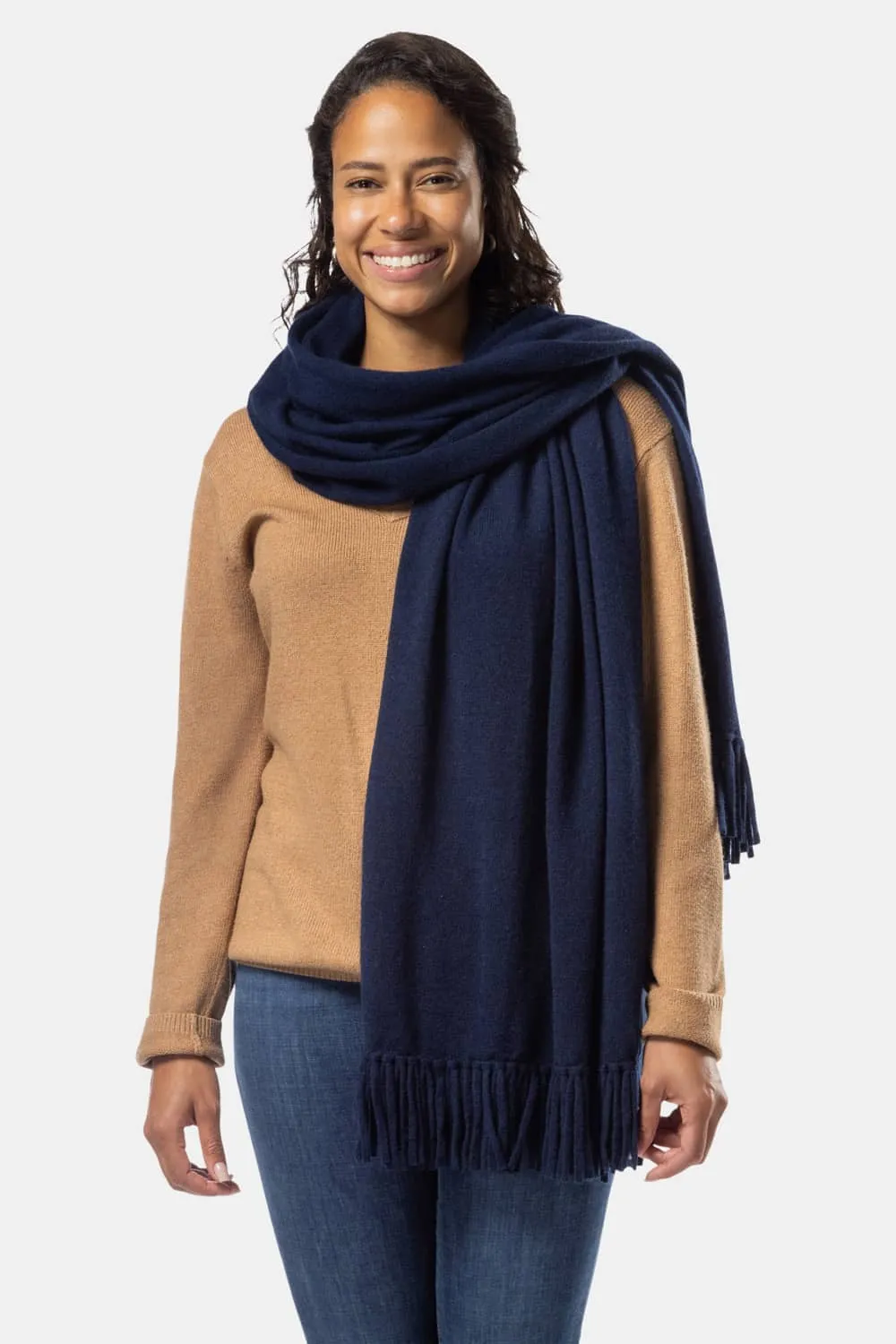 Women's 100% Pure Cashmere Knit Shawl Wrap with Fringe and Gift Box