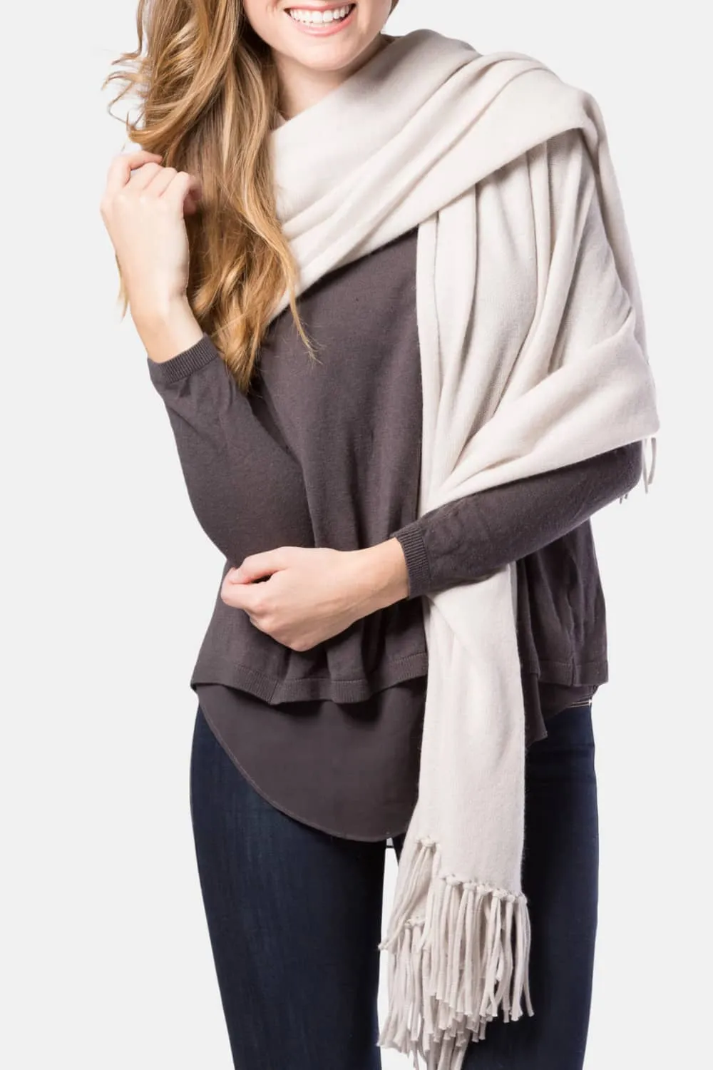 Women's 100% Pure Cashmere Knit Shawl Wrap with Fringe and Gift Box