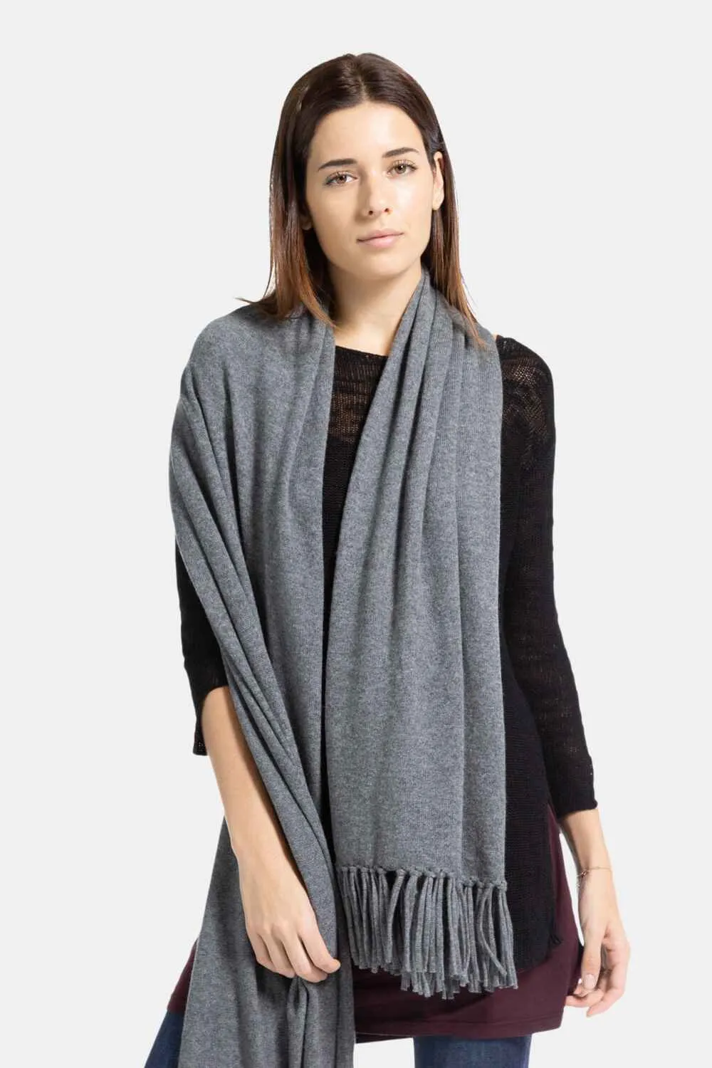 Women's 100% Pure Cashmere Knit Shawl Wrap with Fringe and Gift Box