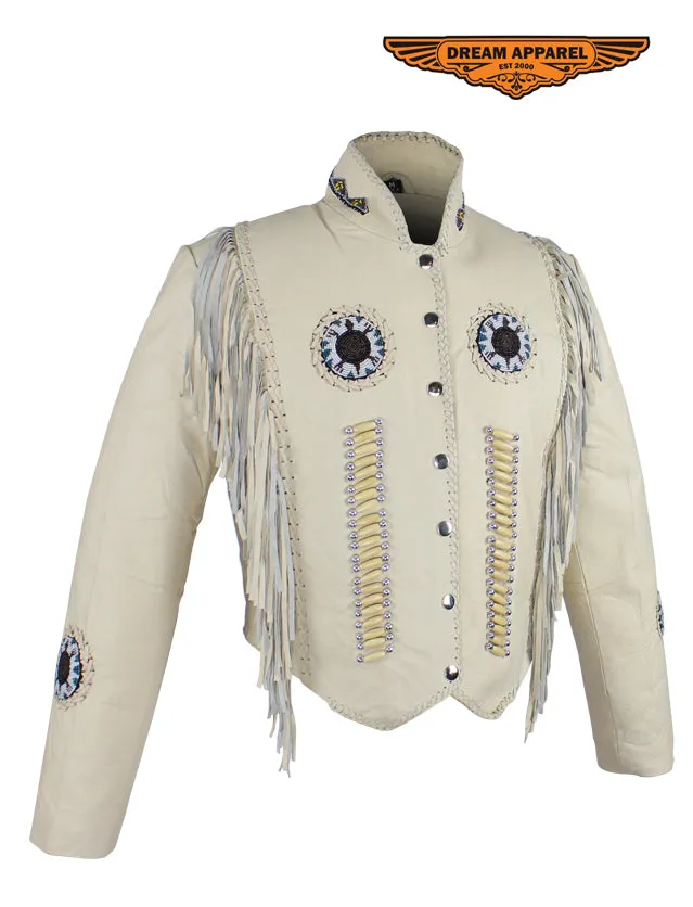 Women's Beige Leather Jacket With Beads, Studs, Bone & Fringe