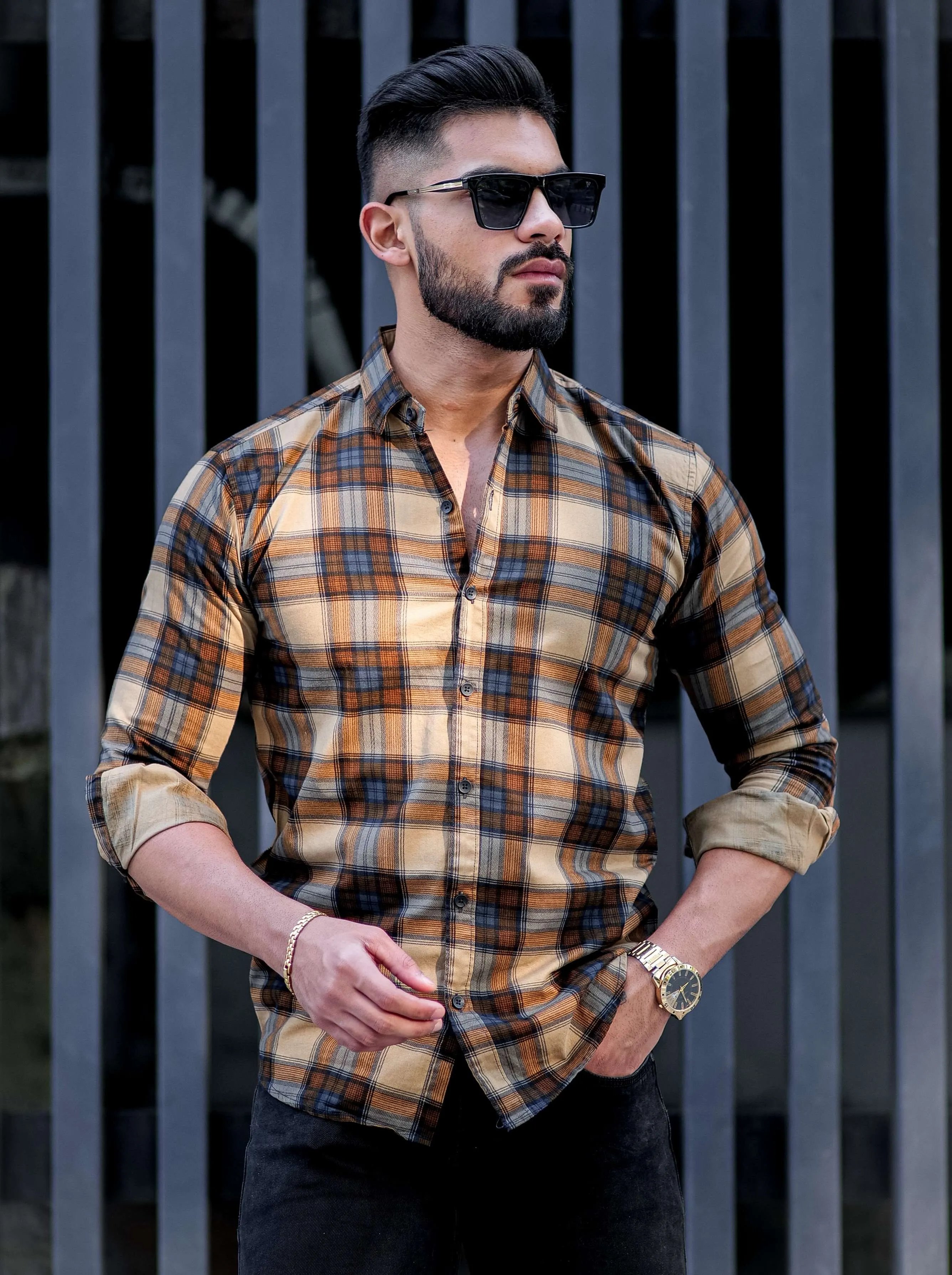 Wood Check Printed Cotton Shirt For Men