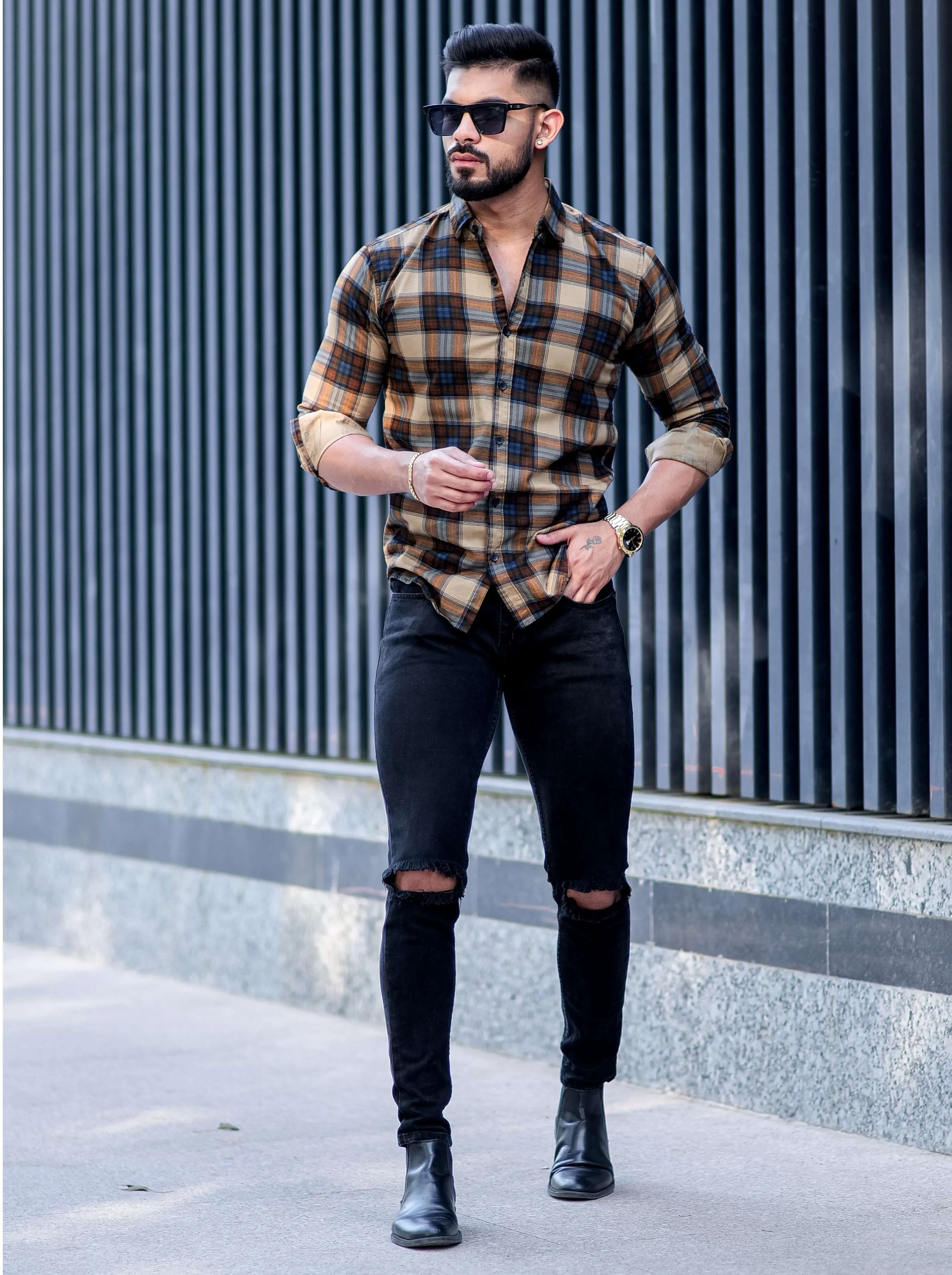 Wood Check Printed Cotton Shirt For Men