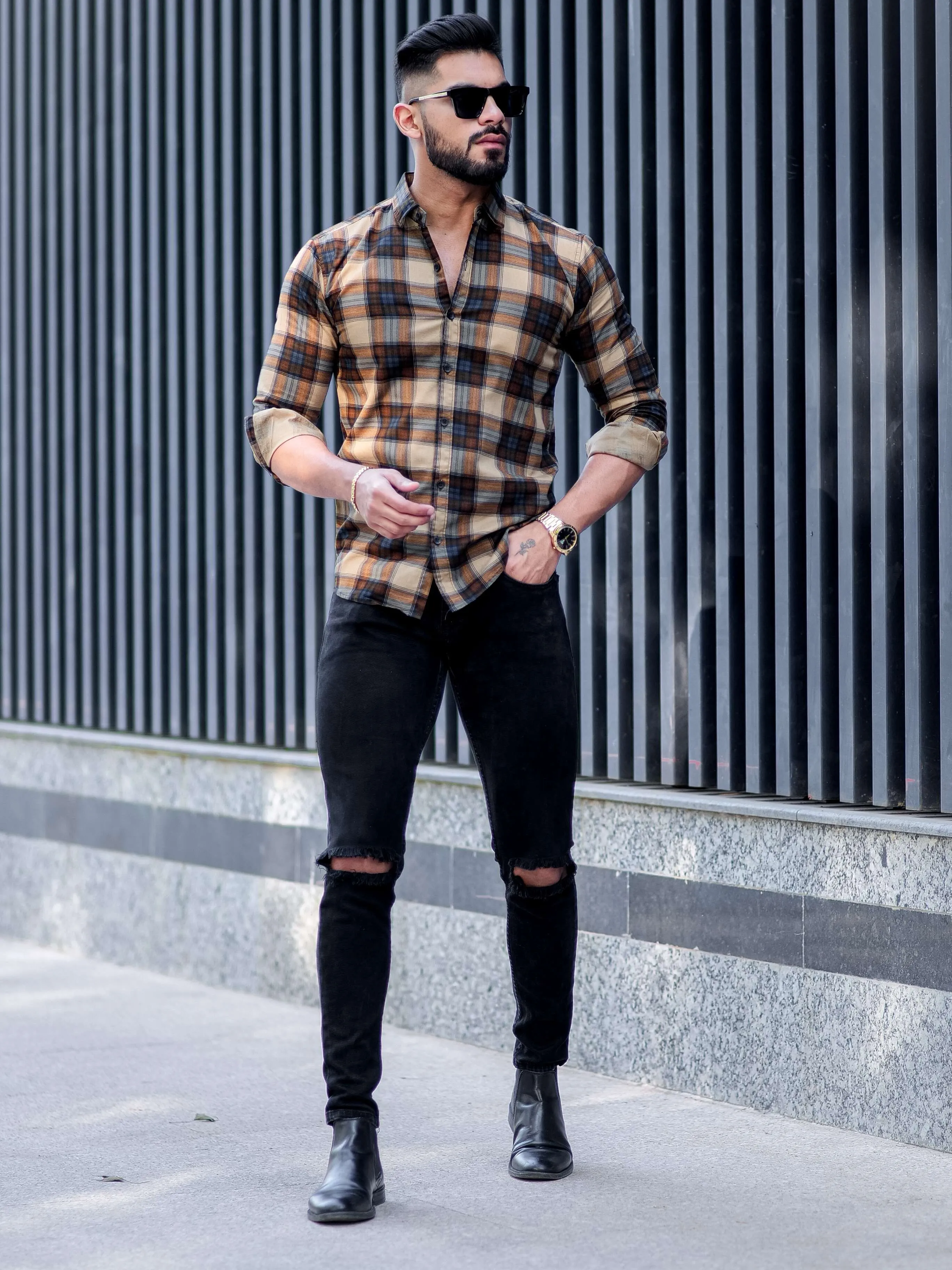 Wood Check Printed Cotton Shirt For Men