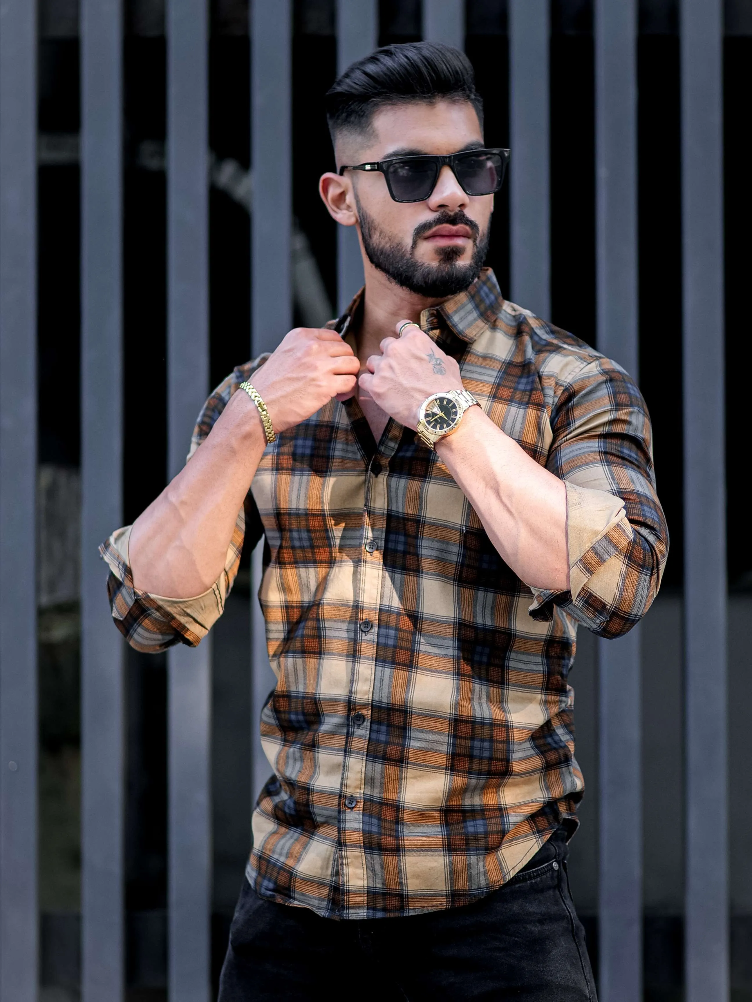 Wood Check Printed Cotton Shirt For Men