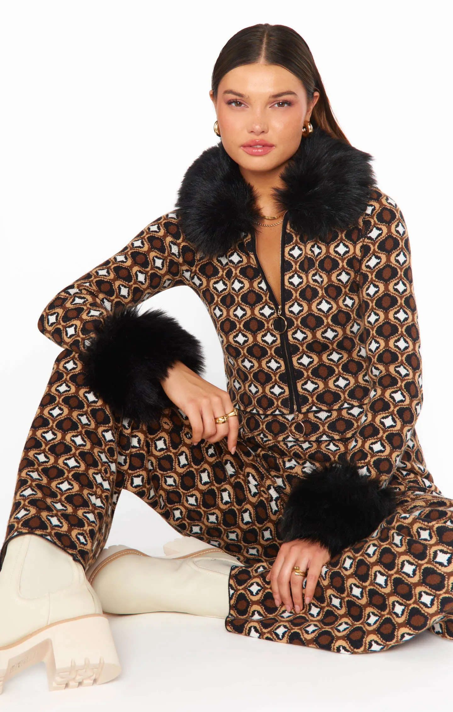 Zermatt Zip Up ~ Neutral Geo Jacquard Faux Fur